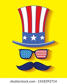 USA independence day uncle sam hat with sunglasses and mustache cartoon vector editable illustration image