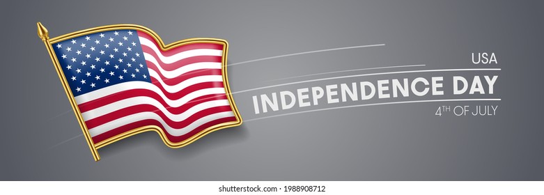 Banner vectorial del día de la independencia de EE.UU., tarjeta de saludo. Bandera ondulada de los Estados Unidos en el 4 de julio de vacaciones patrióticas diseño horizontal con insignia realista