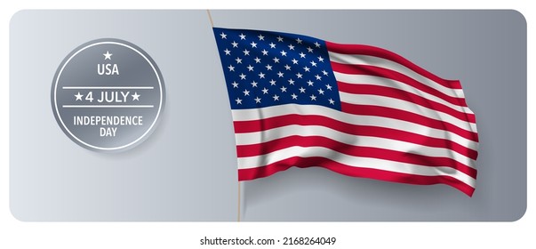 Banner vectorial del día de la independencia de EE.UU., tarjeta de saludo. Bandera ondulada de los Estados Unidos en el diseño horizontal de la fiesta patriótica nacional del 4 de julio