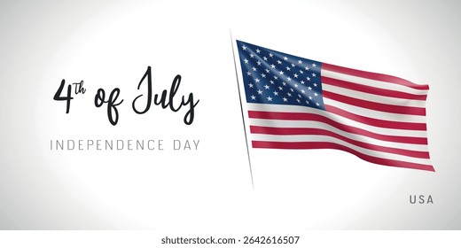 USA independence day vector banner, greeting card. American wavy flag in 4th of July patriotic holiday horizontal design with realistic flag
