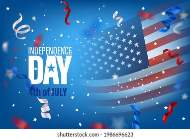 USA Independence Day Vector Card With Flag And Confetti. Fourth Of July