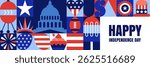 USA Independence Day vector flat illustration. Modern geometric design with American flag elements and patriotic symbols on color squares. 4th of July banners, posters, greeting cards, print templates