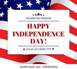 USA Independence Day vector greeting card, US waving flag, fourth july american patriotic holiday celebration. United States of America event poster with typography on stars and stripes background