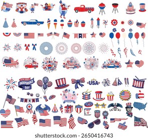 Vetor do dia da independência dos EUA ícone fogos de artifício, bandeira, foguete, caneca, boné, balão, ícones dos Estados Unidos