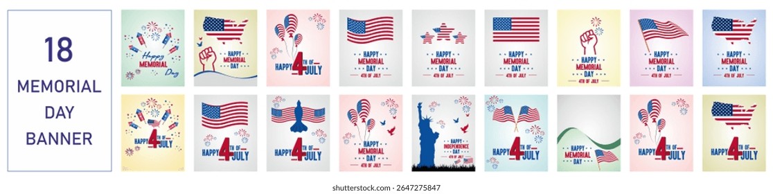USA Independence Day Vector Pack of Fireworks, Flag, Victory Hand, Balloons and Map,  Ideal for posters, banners, digital ads, and 4th of July event designs. Fully editable vector file.