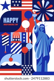 USA Independence Day vertical poster, banner, greeting card, print design. 4th of July geometric background with American flag, Statue of Liberty and holiday symbols. Vector flat illustration