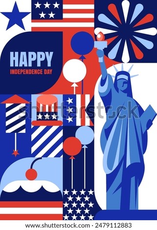 USA Independence Day vertical poster, banner, greeting card, print design. 4th of July geometric background with American flag, Statue of Liberty and holiday symbols. Vector flat illustration
