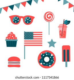 USA Independence Day vintage icons set. 4th of July vector collection. Flat style american holiday illustration with different symbols on white background