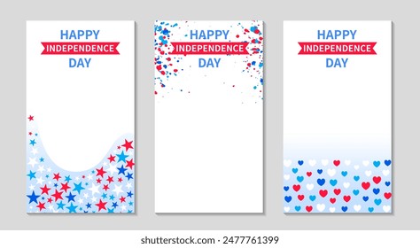 USA Independence frame artboard stories set. For Social media long post. Background with greeting text, confetti, stars and hearts. American patriotism Vertical templates set. Vector flat illustration