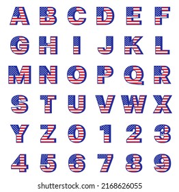 USA Independence Memorial Day United States of America Alphabet  Numeric Character Font Capital Letter Blue Navy Red Star Stripes National Flag ABC Set Collection Vector Illustration White Background