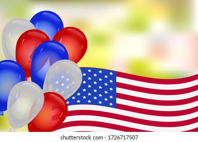USA Independence, Veterans, Memorial or Presidents Day greeting card with copy space. Made in usa. Banner with american flag, balloons and blurred background. Celebration poster template. Stock vector