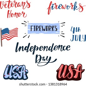 USA Independendence Day. 4th July. Lettering and icons
