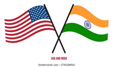 Banderas de Estados Unidos e India Cruzadas y ondeando estilo plano. Proporción oficial. Colores correctos.