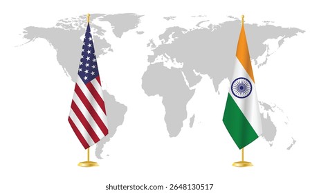 EUA e Índia ostentam bandeiras no fundo do mapa mundial. Simbólico de relações diplomáticas, unidade e parceria estratégica. Design de conceito internacional renderizado em 3D.