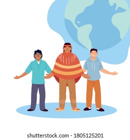 usa indian man and men cartoons with world sphere design, diversity people multiethnic race and community theme Vector illustration