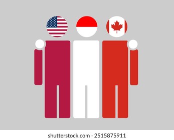 USA, Indonesia, and Canada National Flags With Embracing Body. Vector Illustration. Isolated background.
