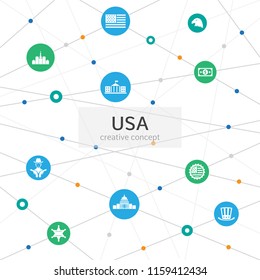 USA Infographic concept. Abstract background with lines, circles and icons. USA flag, New York, White house, Dollar, Capitol icons