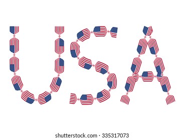 USA inscription made from USA flags in form of candies on white background