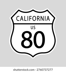 USA interstate 80 eighty in California road sign, white shield. Vector