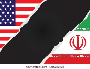 USA and Iran flags with military vector illustration, Army background, soldiers silhouettes.