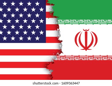 USA and Iran flags with military vector illustration, Army background, soldiers silhouettes.