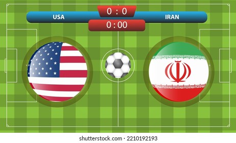 USA and Iran scoreboard template for soccer competition. Vector illustration. Sport template.