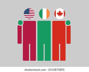 USA, Ireland, and Canada National Flags With Embracing Body. Vector Illustration. Isolated background.