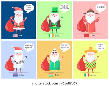 USA and Ireland, China and India, Mexico and Iceland Santa Clauses representations and translated happy New Year greeting vector illustration