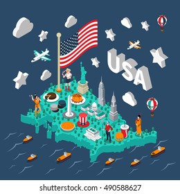 USA isometric map with touristic sights and transport on blue background vector illustration 