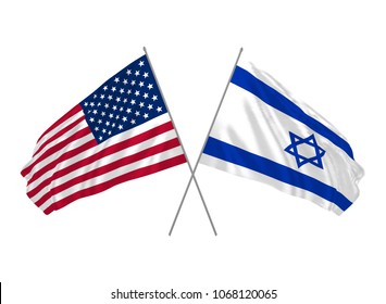 USA and Israel crossed flags waving in the wind as sign of cooperation or sport competition or diplomatic meeting event. 3d illustration. Vector illustration. Real cloth effect.