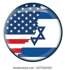 USA Israel Dual Yin Yang Flag Small Button. Israeli Flag and American, USA Flag on Round Badge. I Stand with Israel concept.