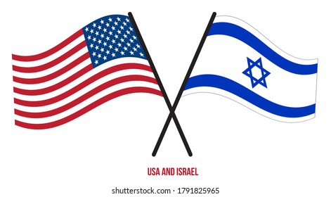 USA and Israel Flags Crossed And Waving Flat Style. Official Proportion. Correct Colors.