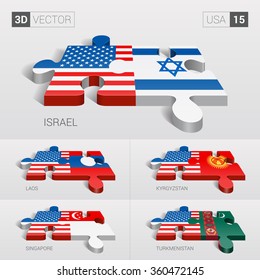USA and Israel, Laos, Kyrgyzstan, Singapore, Turkmenistan Flag. 3d vector puzzle. Set 15.