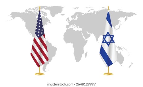 EUA e Israel exibem bandeiras no fundo do mapa mundial. Simbólico de relações diplomáticas, unidade e parceria estratégica. Design de conceito internacional renderizado em 3D.