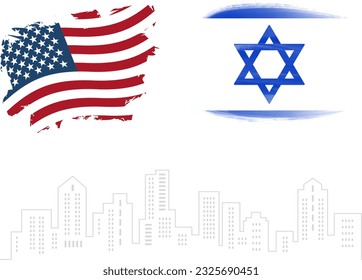 USA and Israel  Vector Flag with the background of Buildings. Vector Illustration
