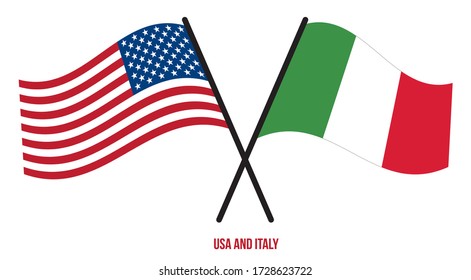 USA and Italy Flags Crossed And Waving Flat Style. Official Proportion. Correct Colors.