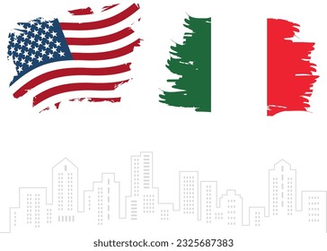 Bandera vectorial de Estados Unidos e Italia con antecedentes de edificios . Ilustración vectorial 