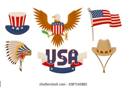 USA items and objects collection related to american culture sport helmet Indians cowboy hat bald eagle flag sign vector illustration isolated on white