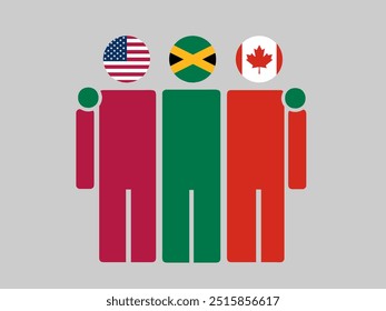 Bandeiras nacionais dos EUA, Jamaica e Canadá com corpo abraçante. Ilustração de vetor. Plano de fundo isolado.