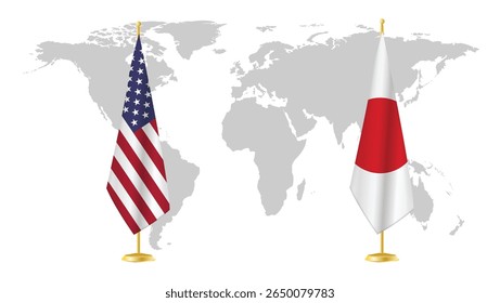 Estados Unidos e Japão ostentam bandeiras no fundo do mapa mundial. Simbólico de relações diplomáticas, unidade e aliança Indo-Pacífico. Design de conceito internacional renderizado em 3D .