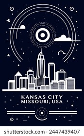 USA Kansas city vintage poster with abstract cityscape and skyline. Retro vector black and white illustration for Missouri state town, United States of America