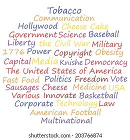 USA known for. Vector illustration word cloud concept.