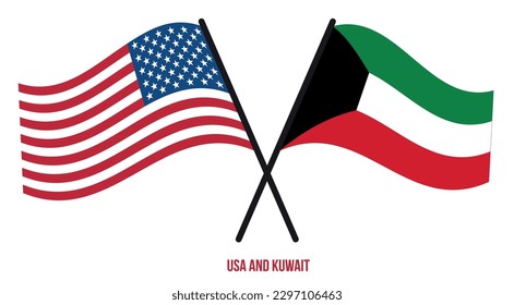 Banderas de Estados Unidos y Kuwait Cruzadas y ondeando estilo plano. Proporción oficial. Colores correctos.