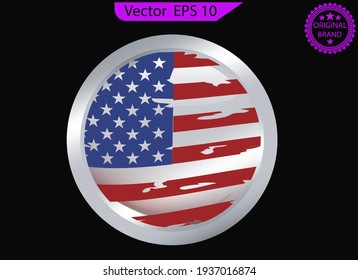 USA label, sign, button, badge with United States national flag. Vector illustration in 3d style for United States producers. Button with American flag with light gray border. 