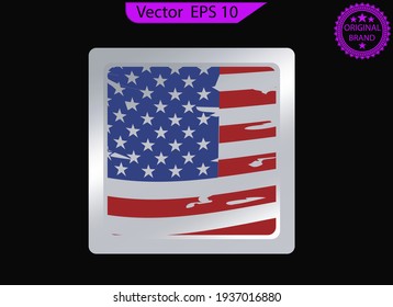 Etiqueta, signo, botón, insignia de Estados Unidos. Ilustración vectorial en 3d para productores estadounidenses. Botón con bandera estadounidense con borde gris claro. 