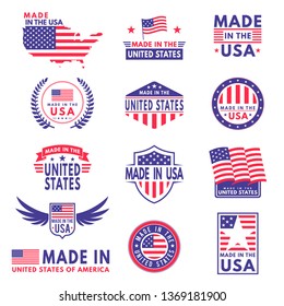 Usa labels. Flag made america american states flags label badge stamp star patriot stripe ribbon emblem sticker banner, vector business icons