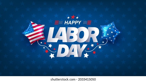 USA Labor Day Banner And Poster Template.USA Labor Day Celebration With American Balloons Flag On Blue Background