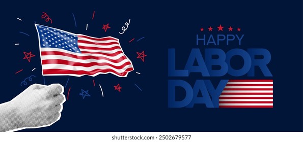 Banner des US-Arbeitstages. Promotion-Banner für den USA Labor Day mit Halbtonhand, die die US-Flagge hält. Vektorcollage für Dekorationsbanner, Poster, Social Media, Werbung.