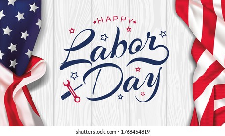 USA Labor Day greeting card with brush wood background in United States national flag colors and hand lettering text Happy Labor Day. Vector illustration.