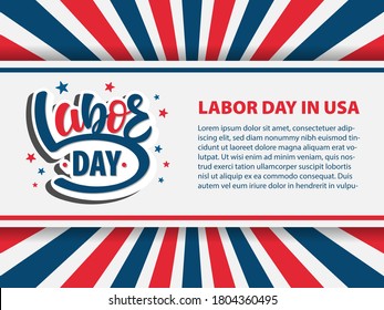 USA Labor day lettering typography vector background. Illustration for American national holiday. Celebration text, border and sunburst. Poster, greeting card, banner design